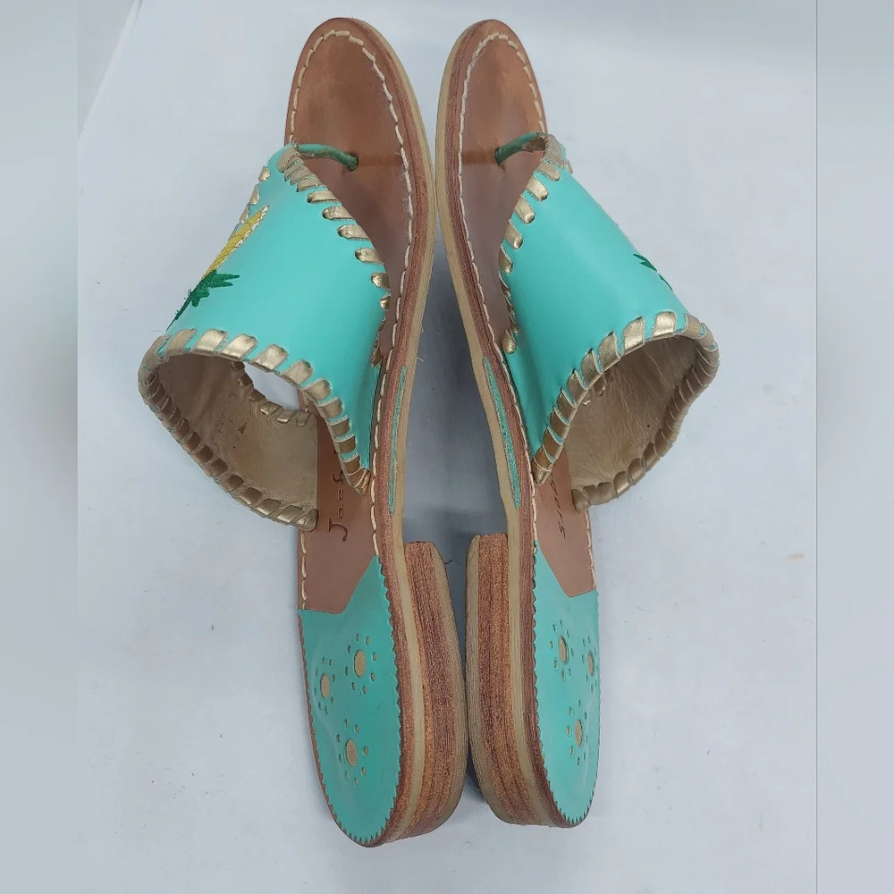 Jack Rogers Sandals Embroidered Pineapple Turquoise Leather Women's Size 9